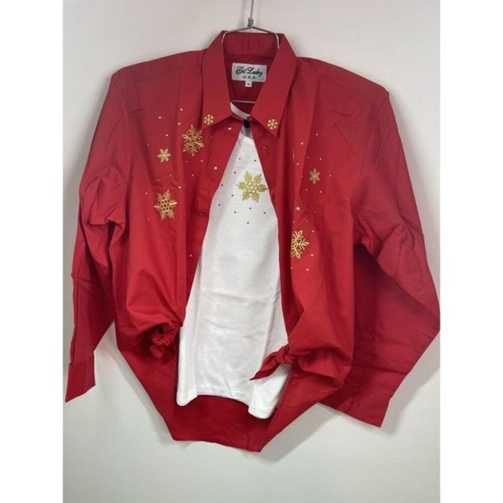 Women’s‎ Get Lucky Brand Holiday Shirt Set Red With Gold Snowflakes Size L NEW